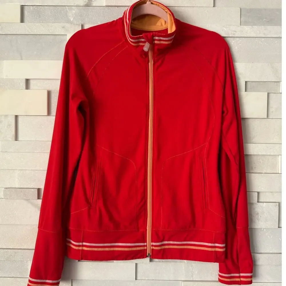 ALO YOGA COOLFIT Full Zip Stand Collar Stripe Detailed Nylon Track Jacket S Red